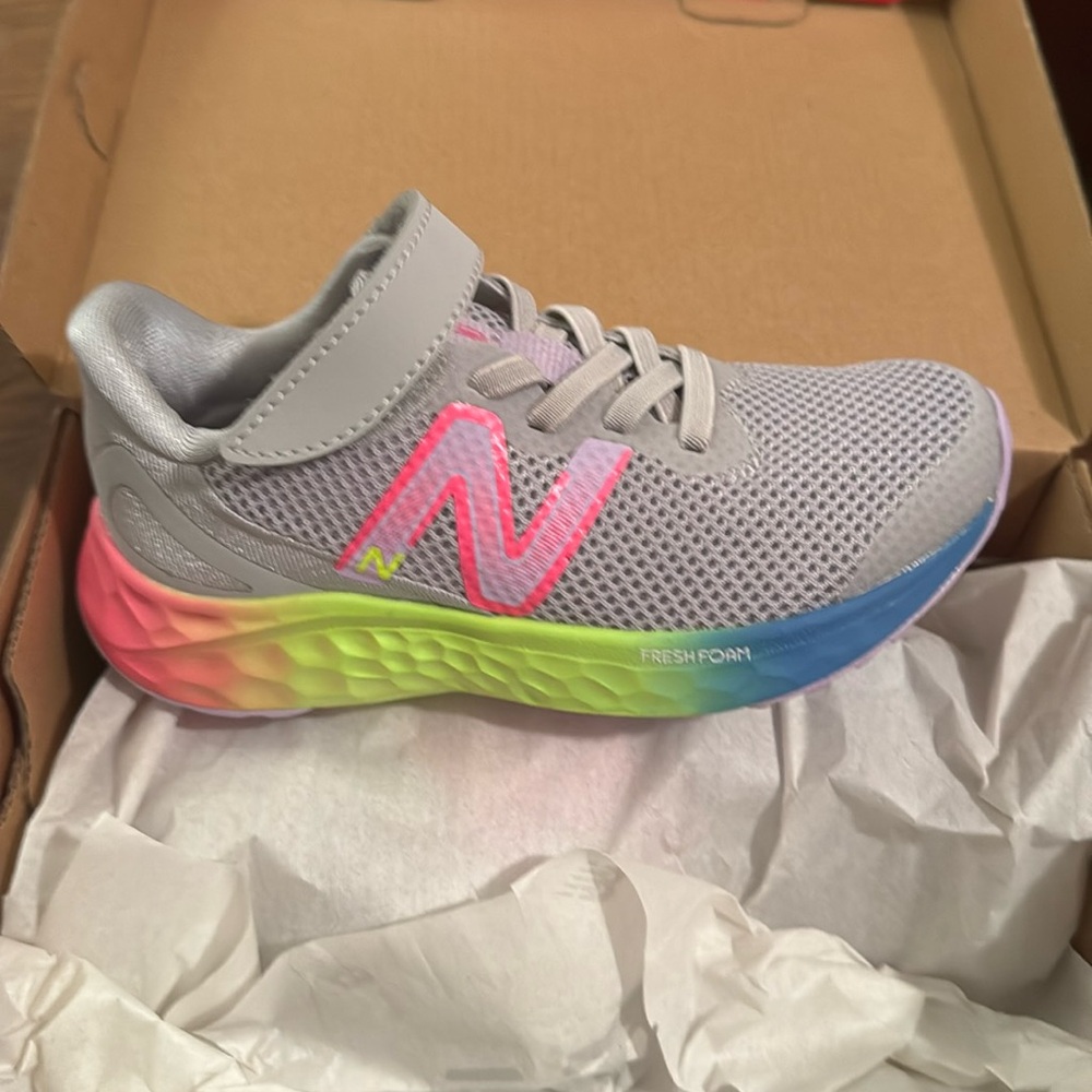 Girls new balance Velcro sneaker. Rainbow and grey. Size 10.5. New in box